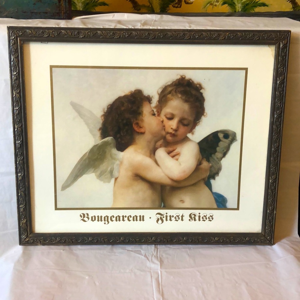 First Kiss by William Adolphe Bougeareau matted & ornate wood frame; 22” x 20”